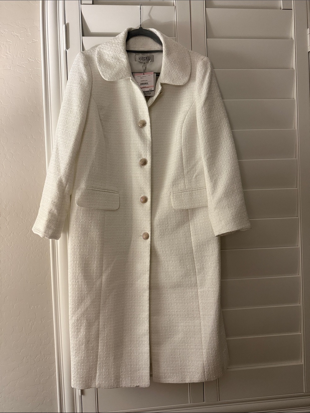 Kasper Cream Textured Knee-Length Coat with Rounded Collar